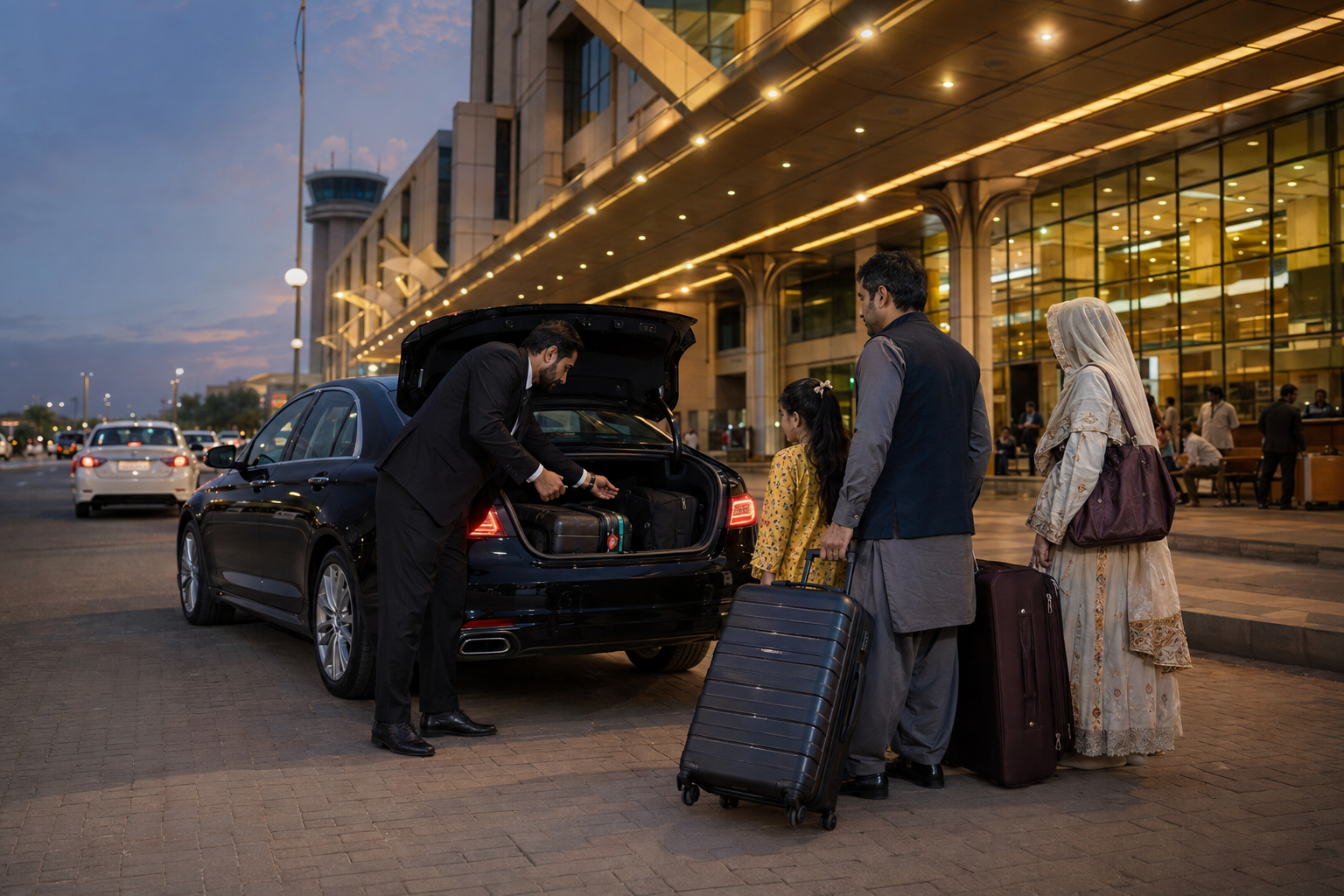 Professional chauffeur helping a family with luggage during a Lahore airport pickup