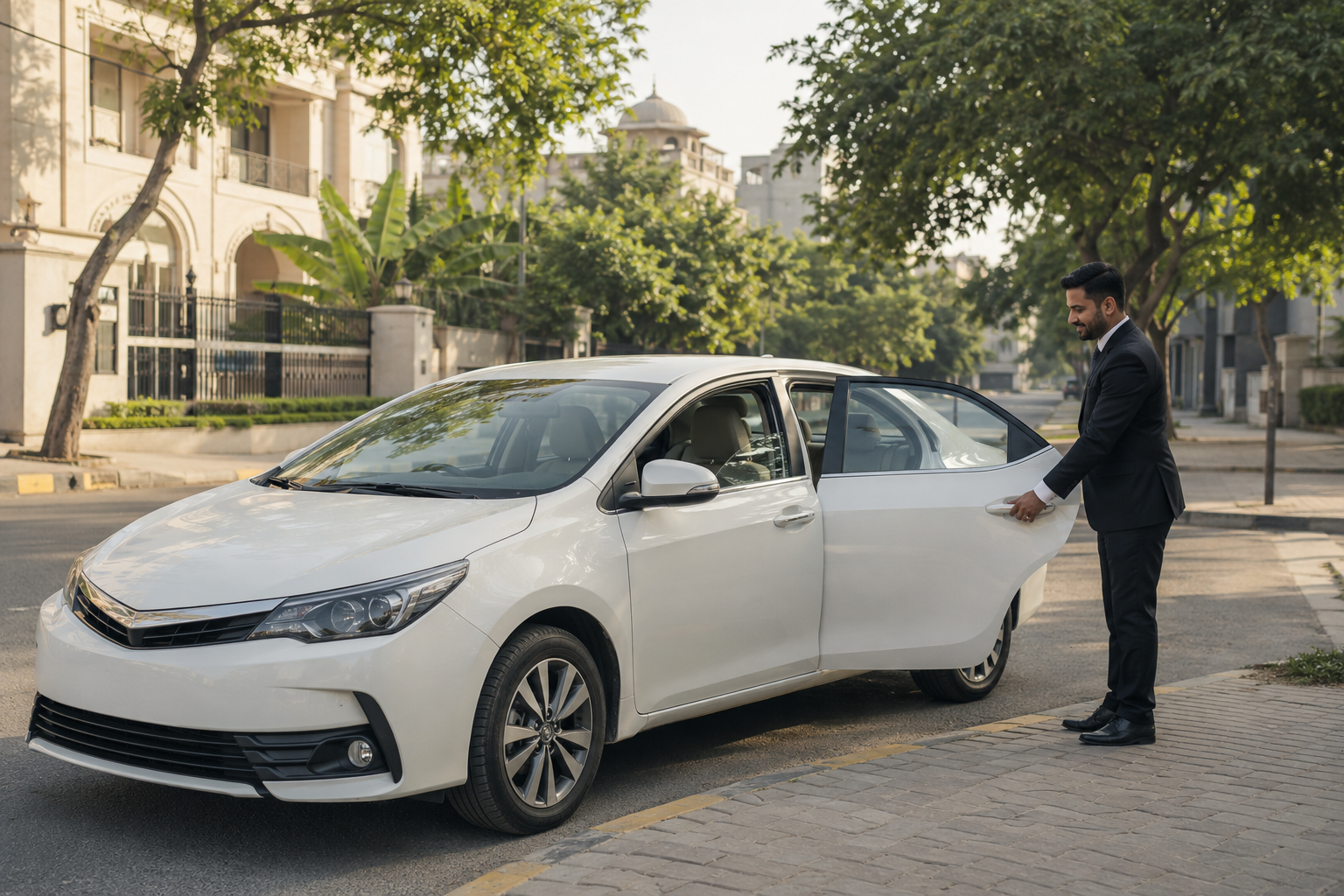 Professional driver opening a clean everyday rental car in Lahore