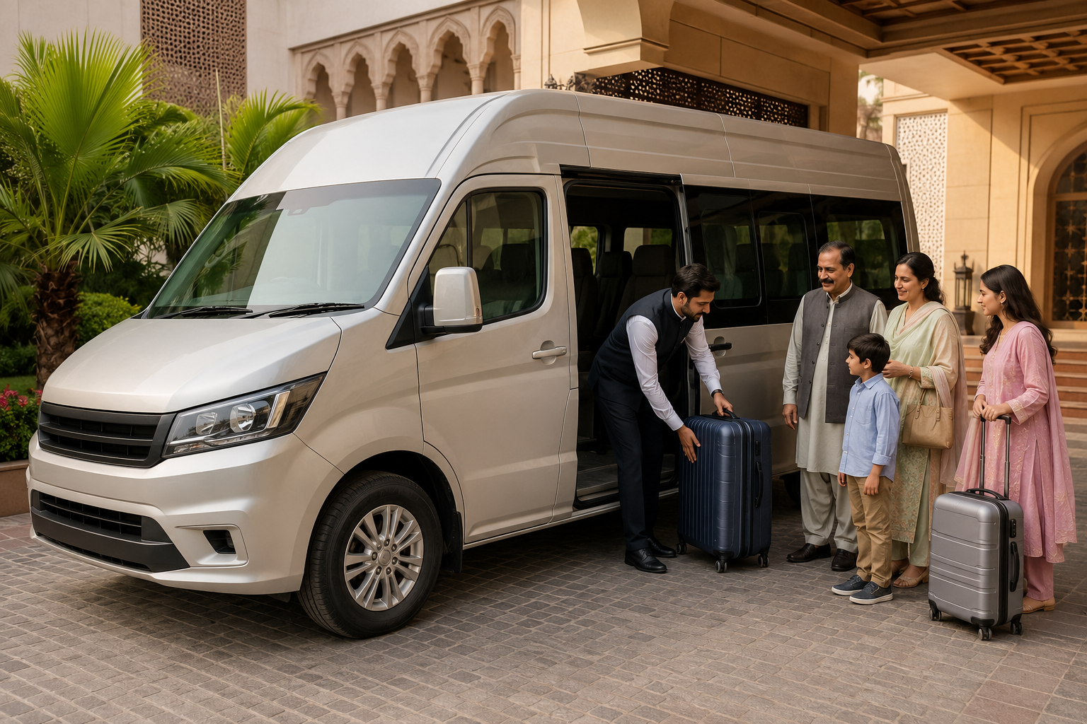 Professional driver helping a family board a comfortable group travel van in Lahore
