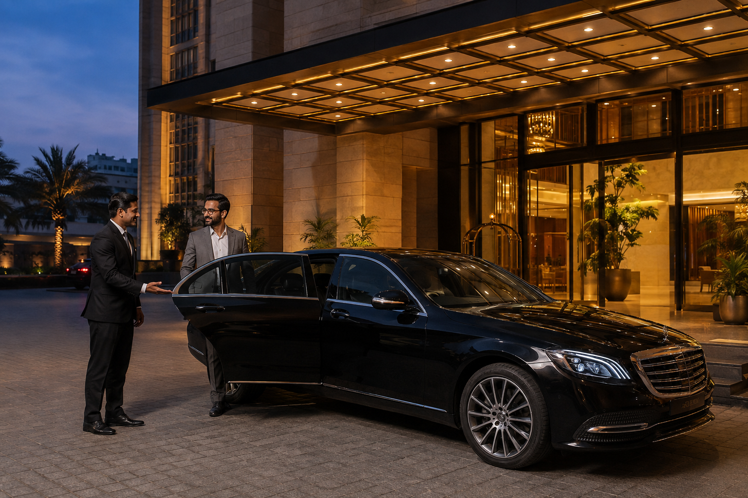 Professional chauffeur welcoming a business traveller beside a luxury car at a Lahore hotel