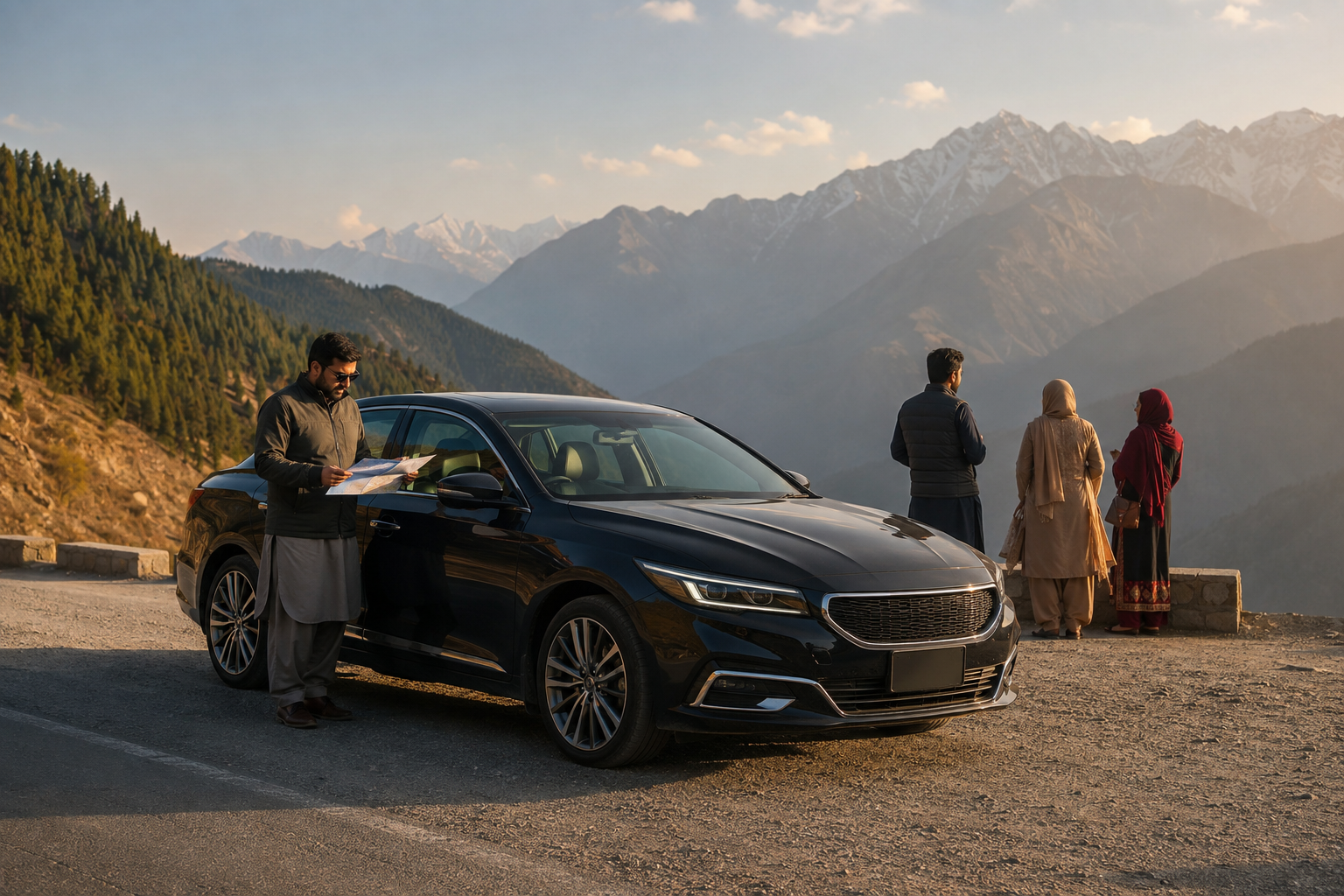 Driver planning a nationwide journey beside a premium car in northern Pakistan