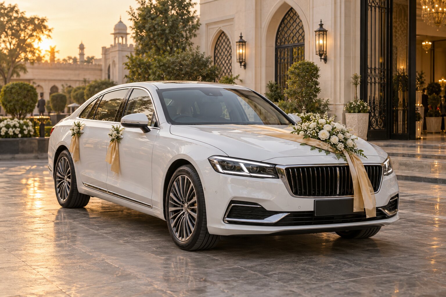 Decorated luxury wedding car arriving at an elegant Lahore venue