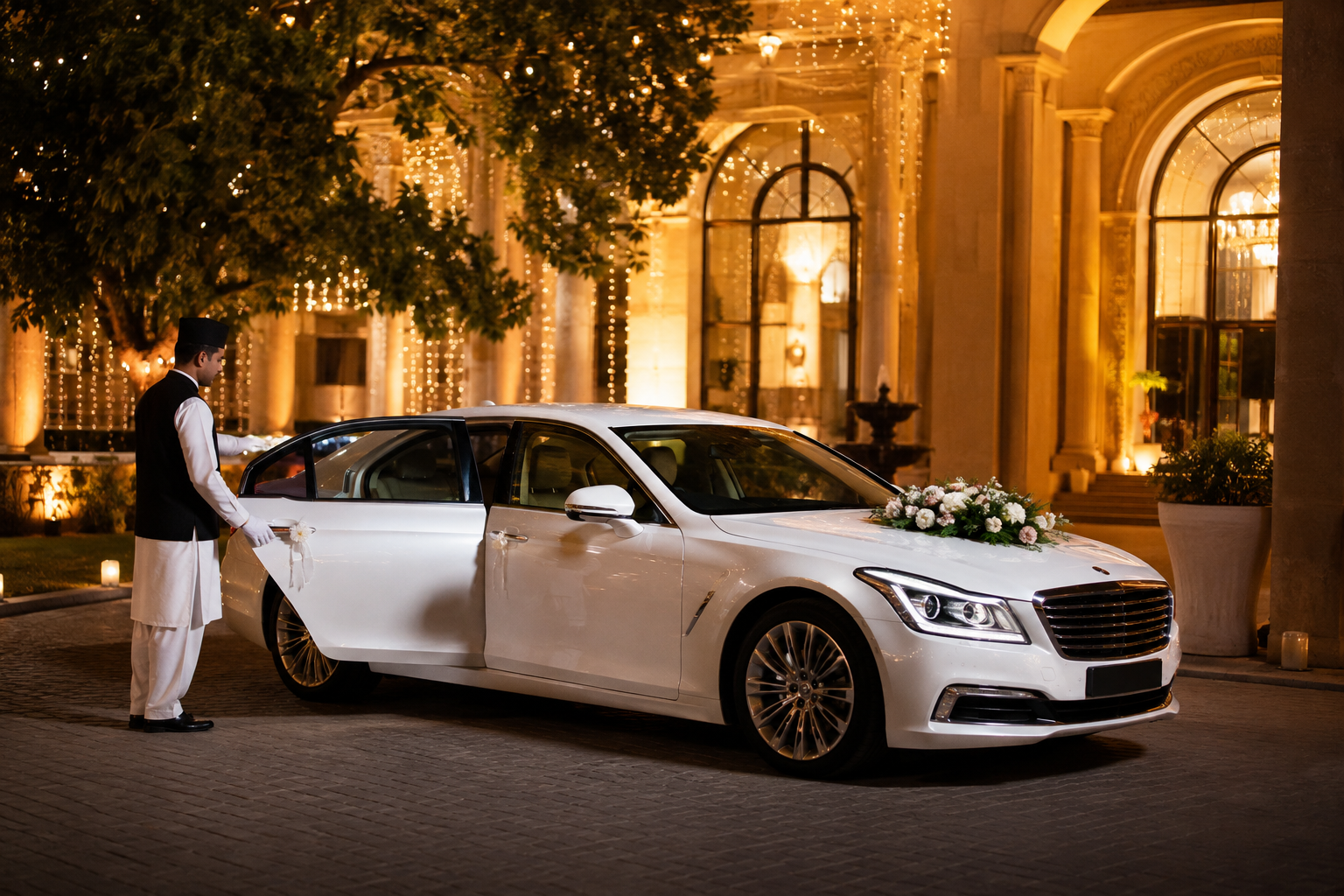 Elegant white wedding car with chauffeur at a Lahore wedding venue
